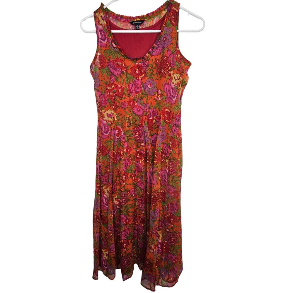 J Peterman Womens Floral Midi Dress Size 0 Ruffle Neck Cottagecore Wedding Guest